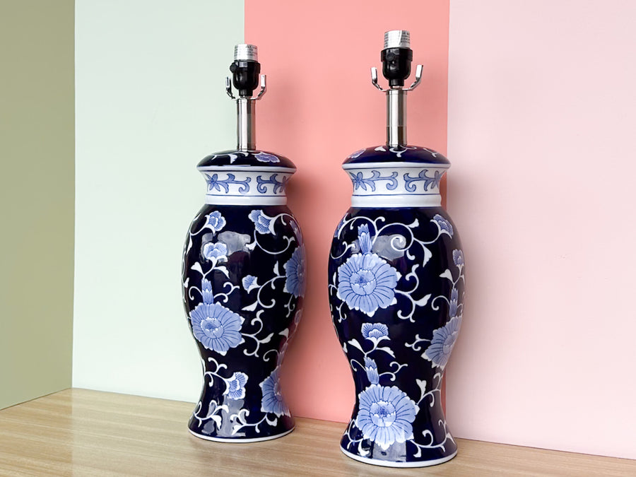 Pair of Blue and White Floral Lamps