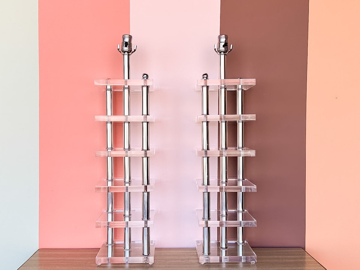 Pair of Large Lucite and Chrome Lamps