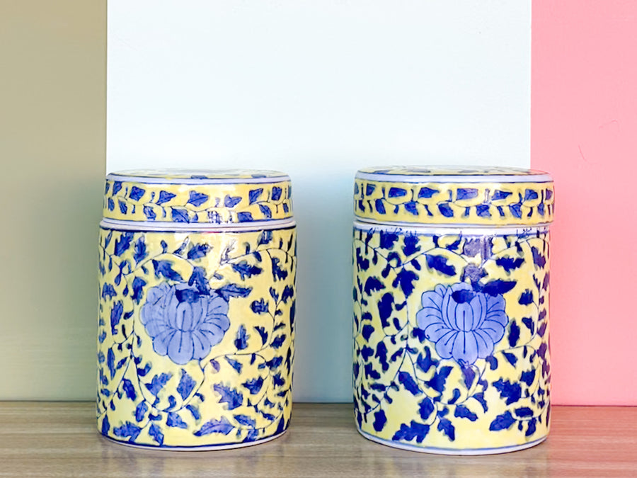 Pair of Yellow and Blue Chinoiserie Jars