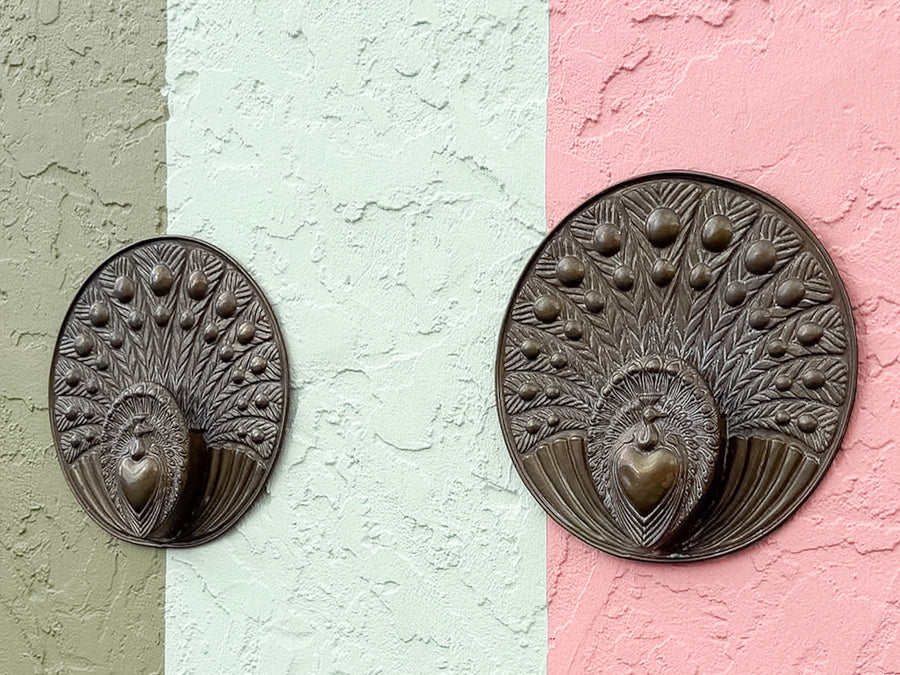 Pair of Metal Peacock Wall Pockets Signed by George Johnson