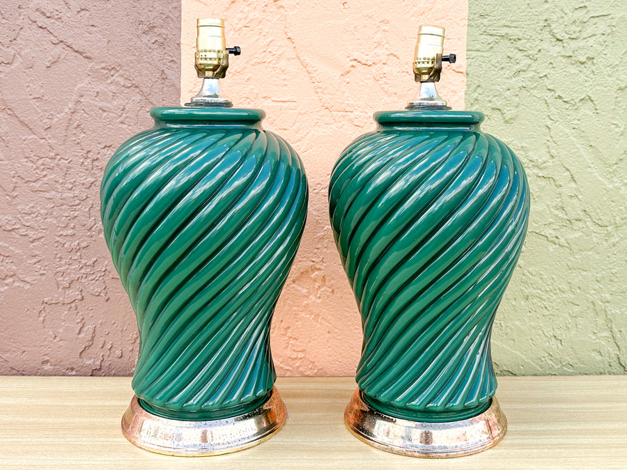 Pair of Forest Green Swirl Lamps