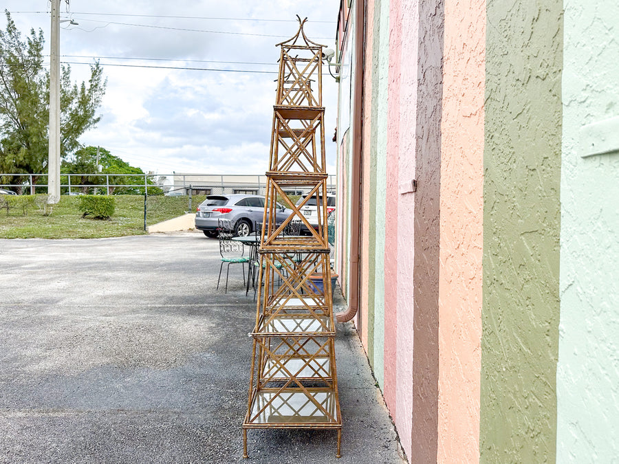 Pair of Gilt Faux Bamboo Metal Pagoda Etageres