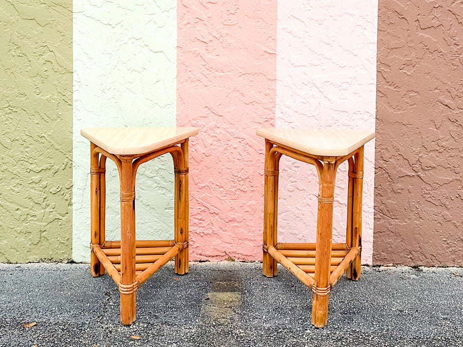 Pair of Old Florida Rattan Triangle Side Tables