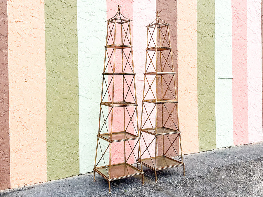 Pair of Gilt Faux Bamboo Metal Pagoda Etageres