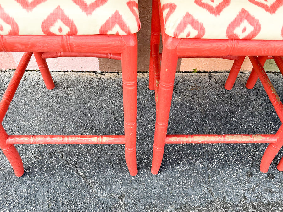 Set of Four Coral Chippendale Bar Stools