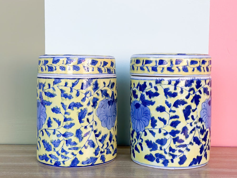 Pair of Yellow and Blue Chinoiserie Jars
