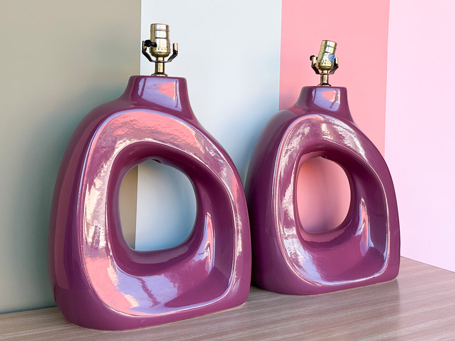 Pair of Plum Sculptural Ceramic Lamps