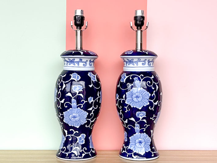 Pair of Blue and White Floral Lamps