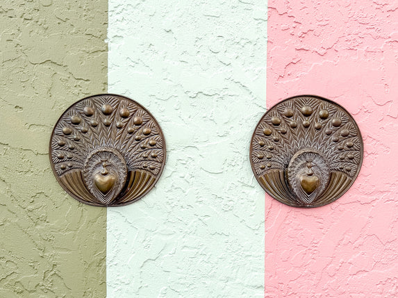 Pair of Metal Peacock Wall Pockets Signed by George Johnson