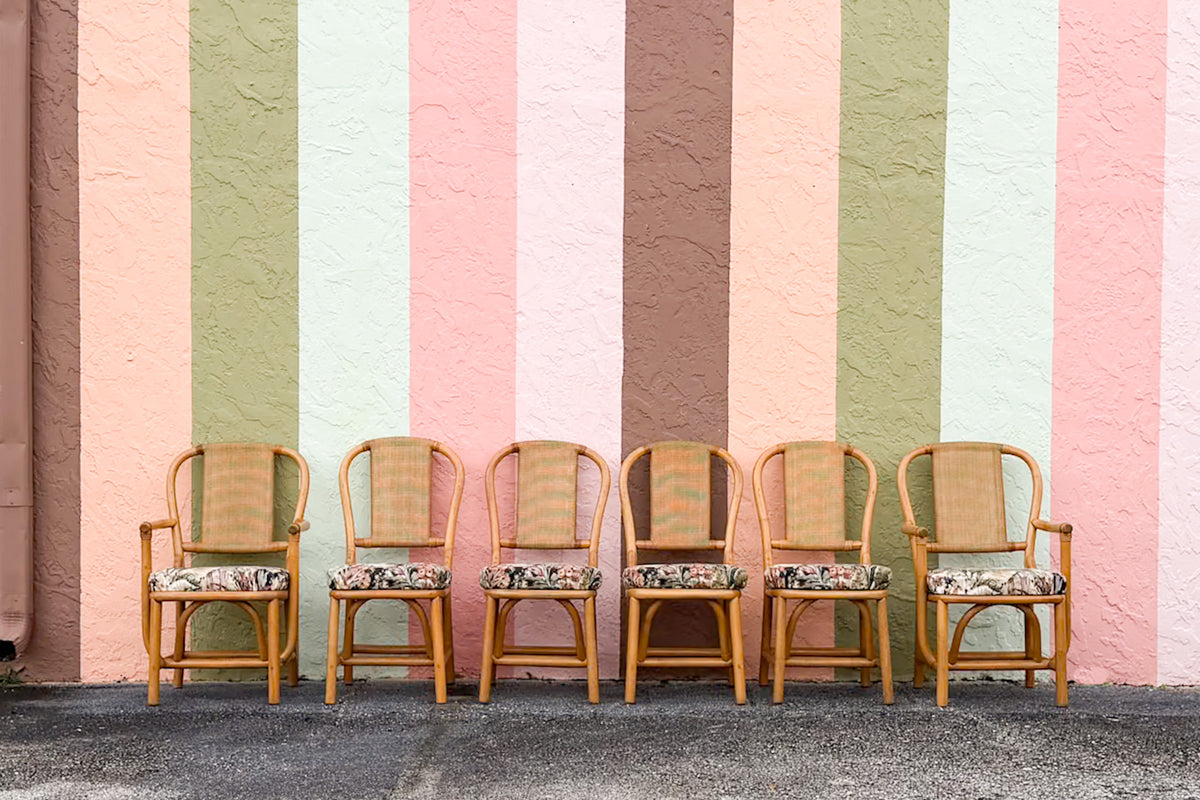 Set of Six Old Florida Rattan Dining Chairs