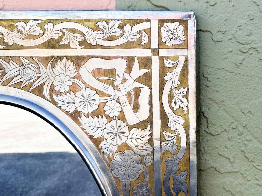 Pressed Metal and Wood Inlay Mirror