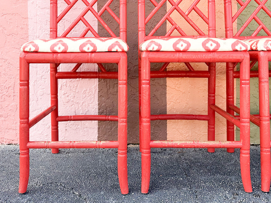 Set of Four Coral Chippendale Bar Stools