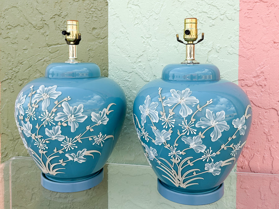 Pair of Robin Egg Blue Floral Icing Lamps