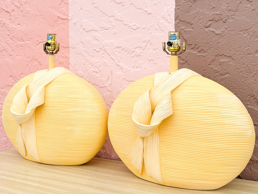 Pair of Ceramic Yellow Basket Lamps