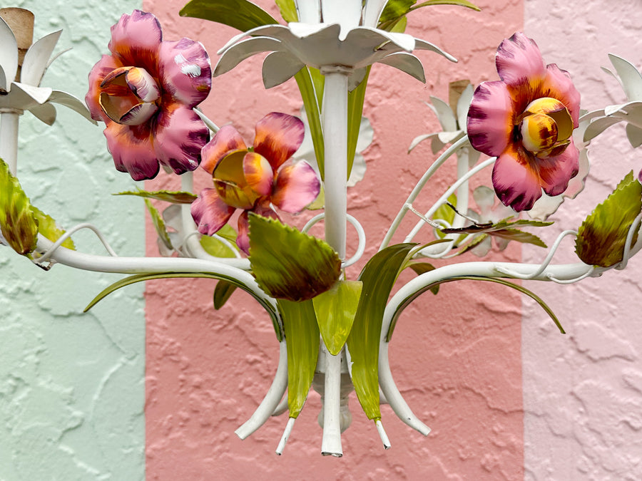 Pretty in Pink Floral Tole Chandelier