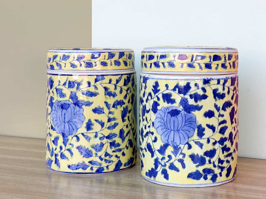 Pair of Yellow and Blue Chinoiserie Jars