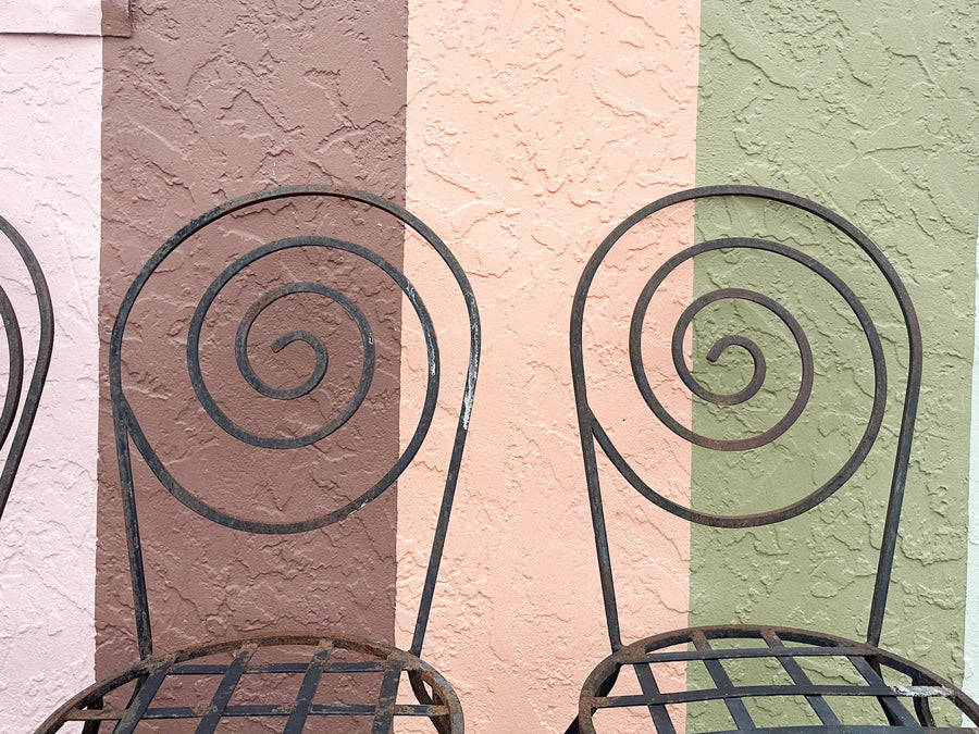 Set of Four Whimsical Circle Back Wrought Iron Chairs