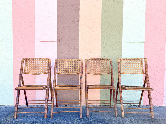 Set of Four Bamboo and Cane Folding Chairs