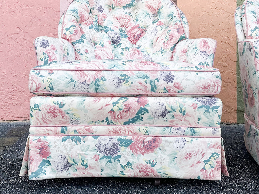 Pair of Cute Floral Upholstered Swivel Chairs