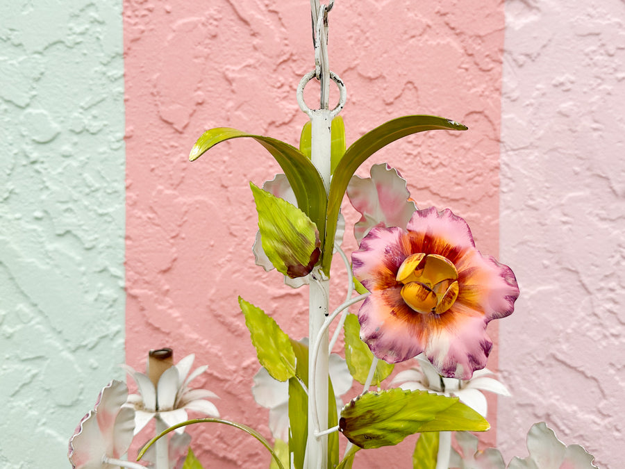 Pretty in Pink Floral Tole Chandelier