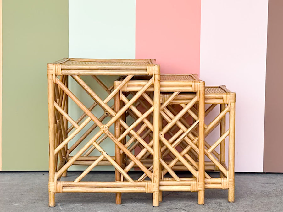 Set of Three Chippendale Rattan Nesting Tables