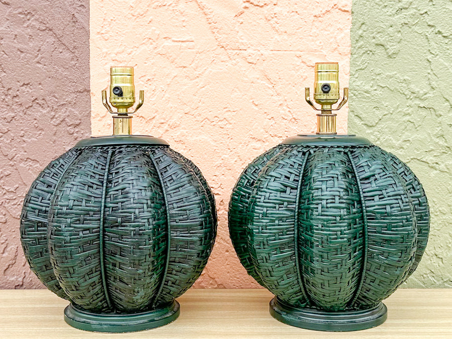 Pair of Gorg Green Island Style Basket Lamps