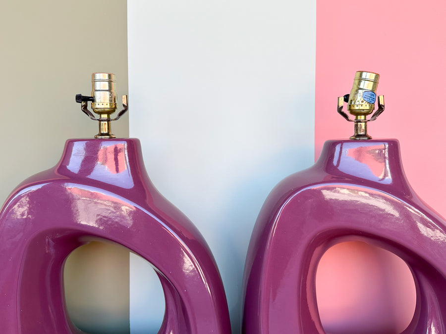 Pair of Plum Sculptural Ceramic Lamps