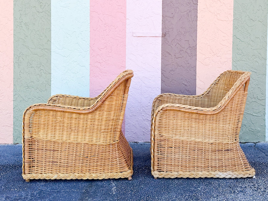 Pair of Braided Rattan Lounge Chairs