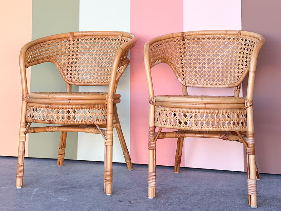 Pair of Rattan and Cane Barrel Chairs