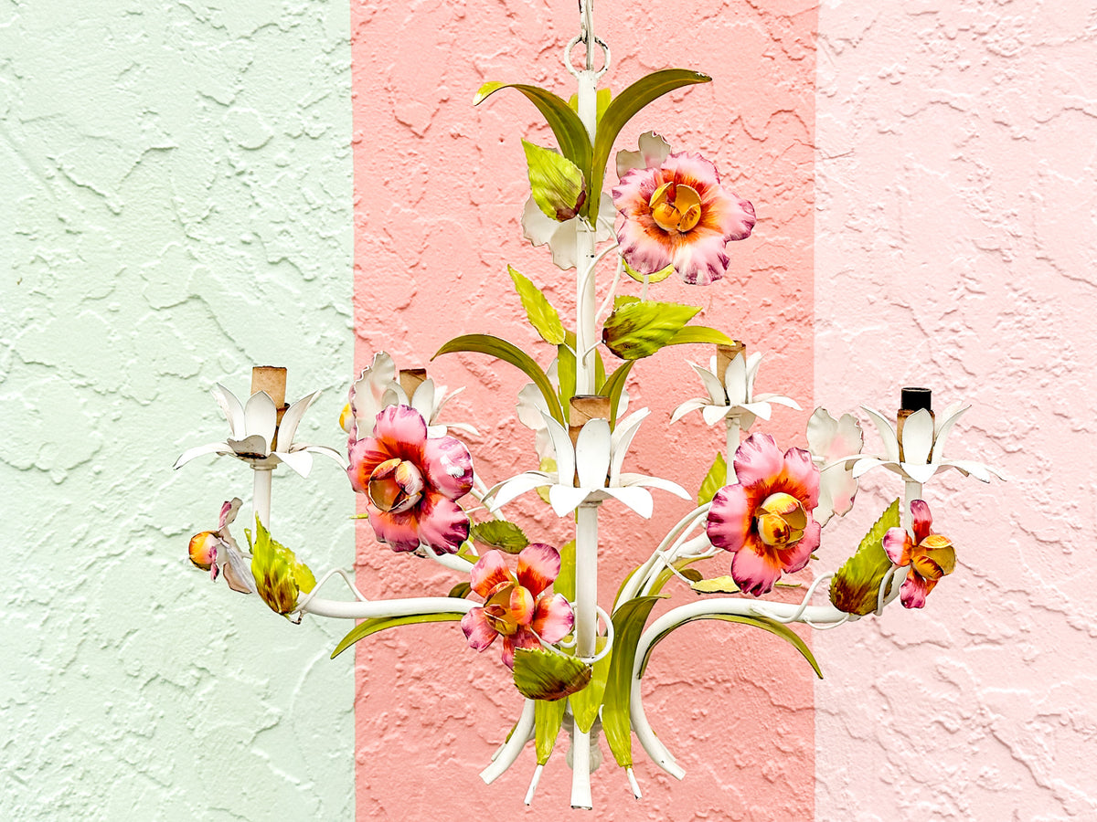 Pretty in Pink Floral Tole Chandelier