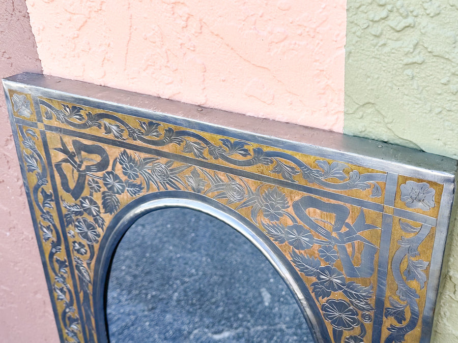 Pressed Metal and Wood Inlay Mirror