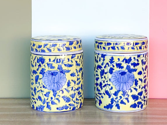 Pair of Yellow and Blue Chinoiserie Jars