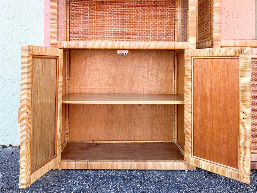 Pair of Coastal Rattan Wrapped Cabinets