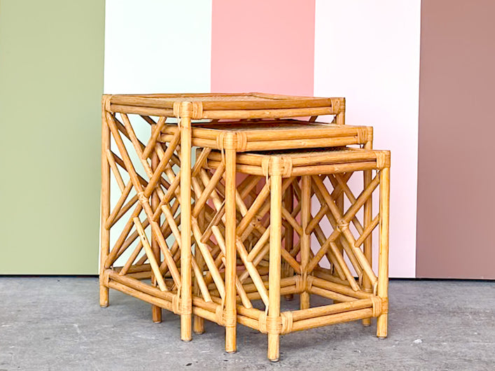 Set of Three Chippendale Rattan Nesting Tables