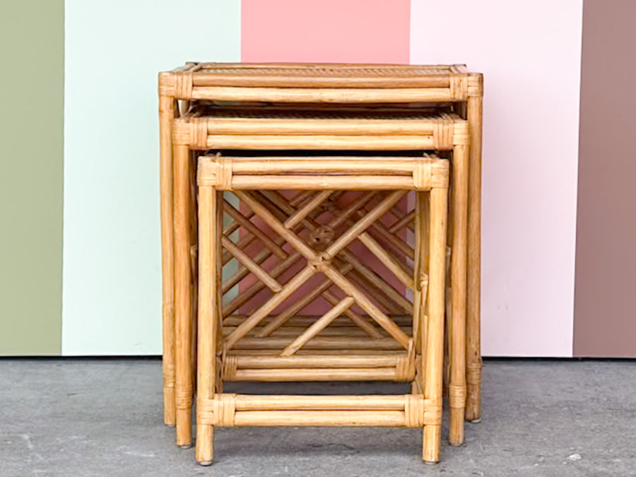 Set of Three Chippendale Rattan Nesting Tables