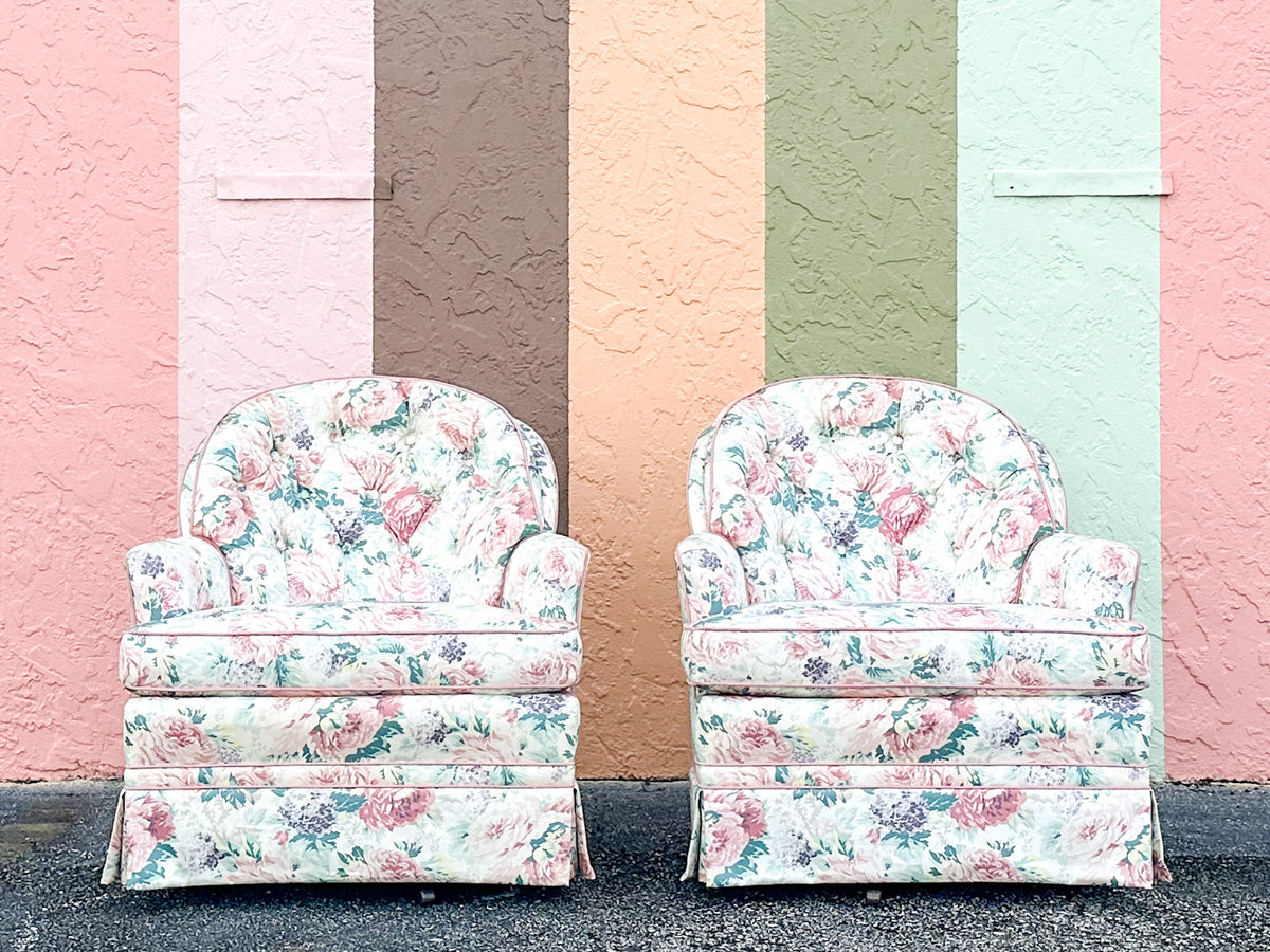 Pair of Cute Floral Upholstered Swivel Chairs