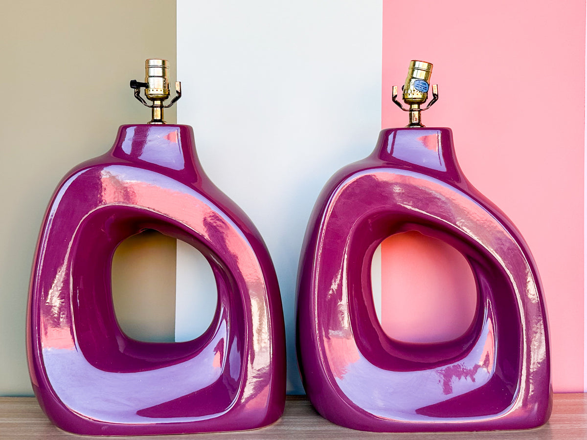 Pair of Plum Sculptural Ceramic Lamps