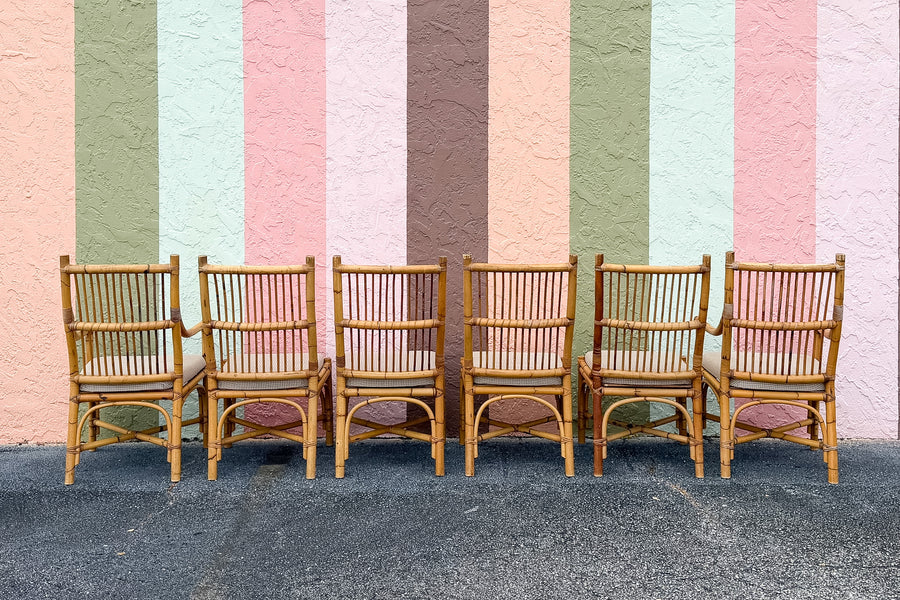 Set of Six Old Florida Rattan Dining Chairs