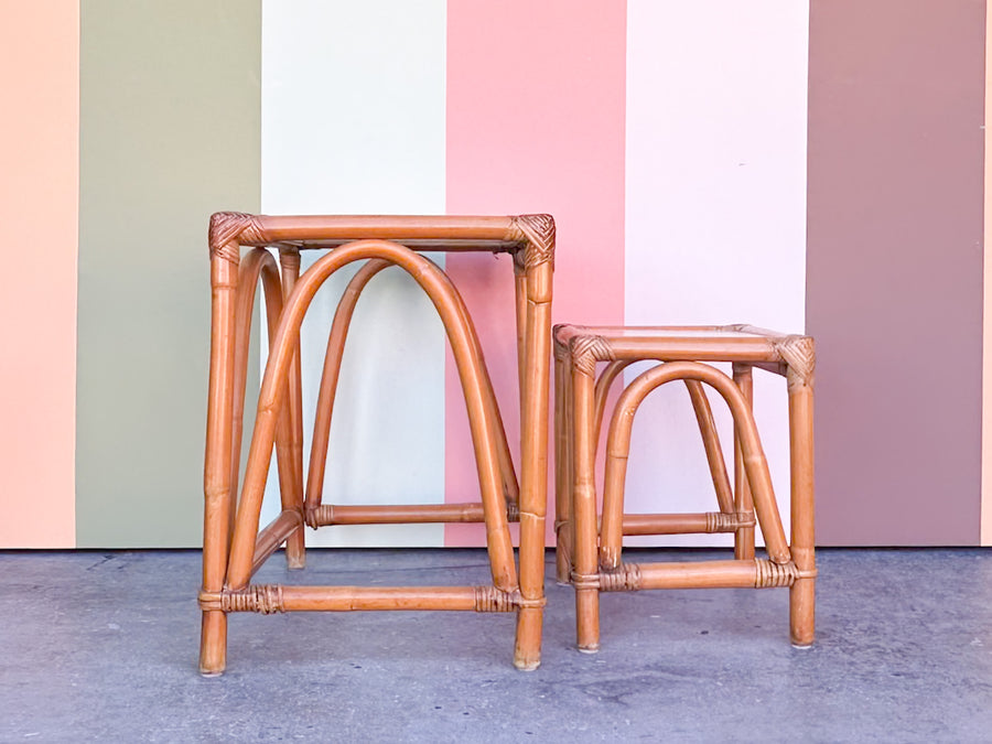 Pair of Old Florida Rattan Nesting Tables
