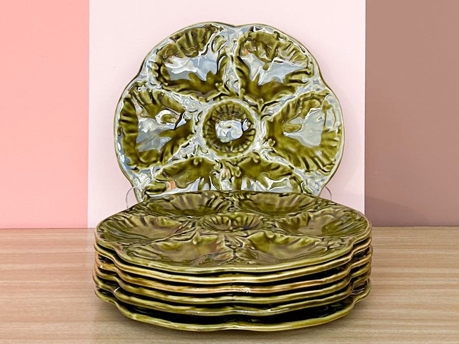 Set of Six French Moss Green Oyster Plates
