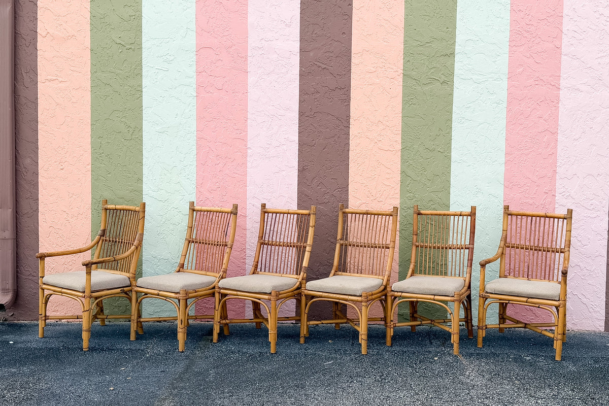 Set of Six Old Florida Rattan Dining Chairs