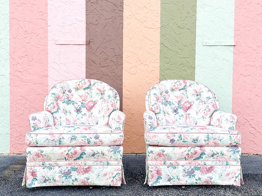 Pair of Cute Floral Upholstered Swivel Chairs