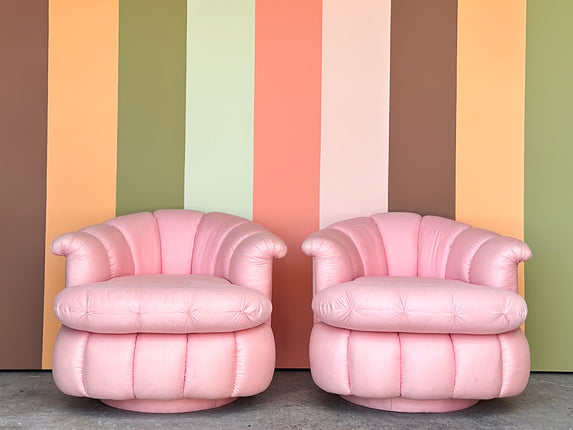 Pair of Pink Chic Upholstered Swivel Chairs
