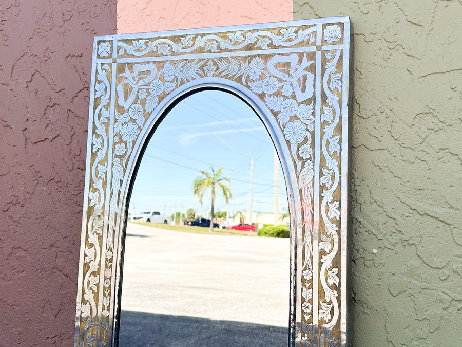 Pressed Metal and Wood Inlay Mirror