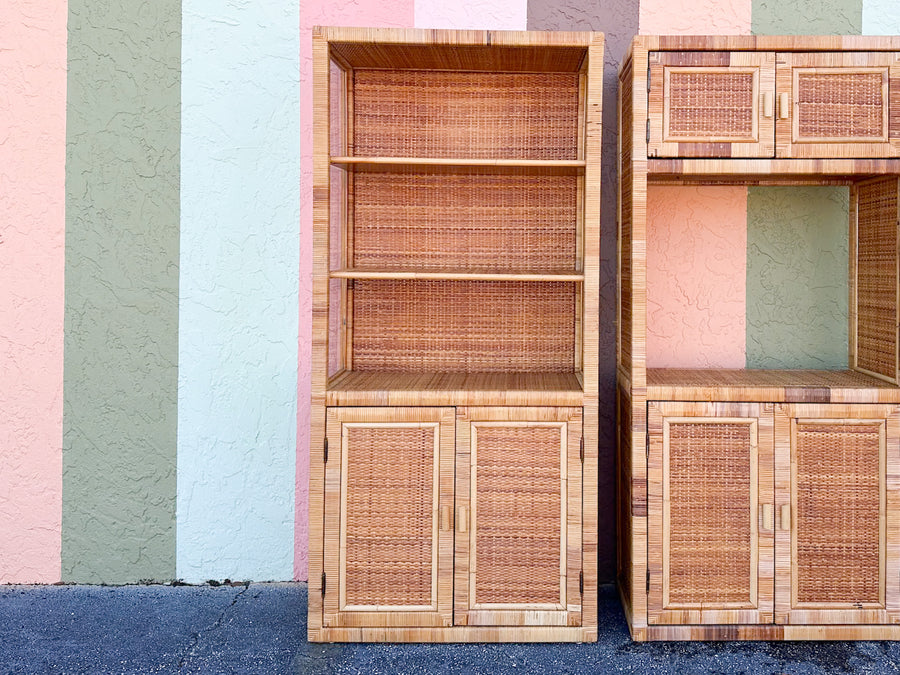 Pair of Coastal Rattan Wrapped Cabinets