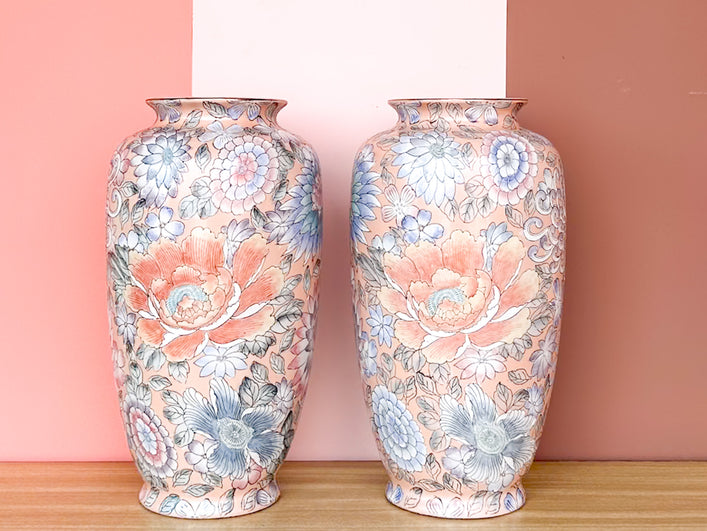 Pair of Pretty Peach Chinoiserie Vases