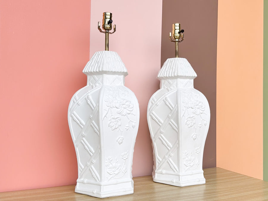Pair of Painted White Chinoiserie Lamps