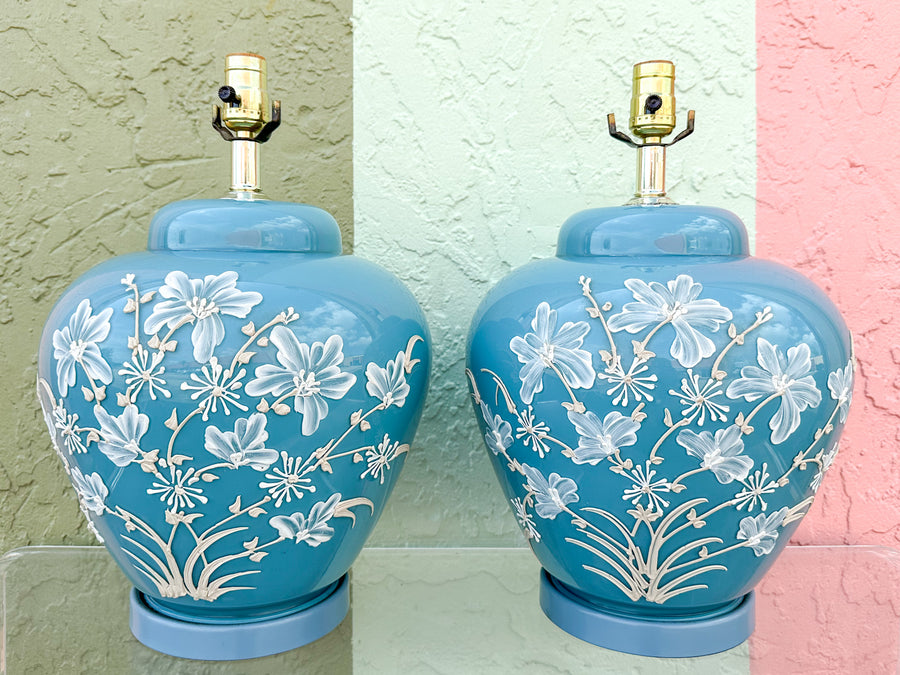 Pair of Robin Egg Blue Floral Icing Lamps