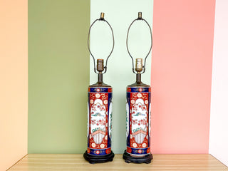 Pair of Red and Blue Chinoiserie Peacock Lamps
