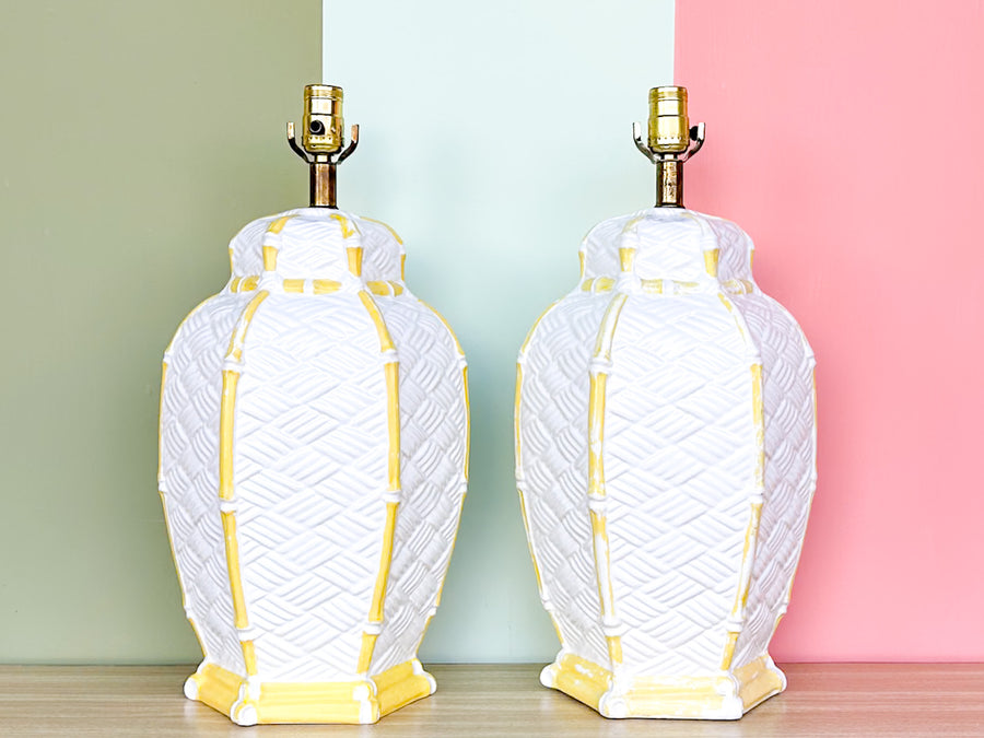 Pair of Faux Bamboo Woven Ceramic Lamps